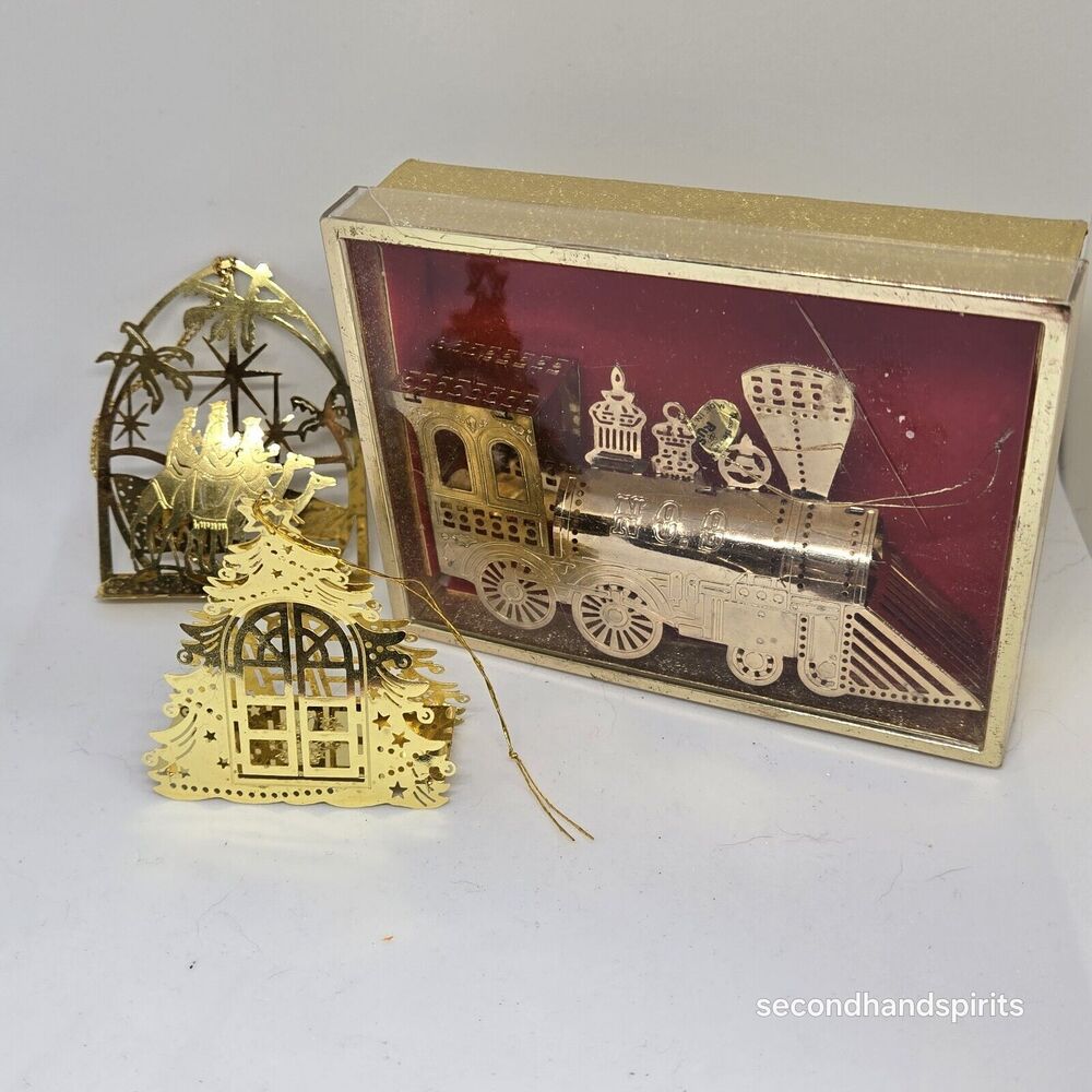Vintage Holiday Brass Treasures Locomotive Christmas Ornament Plus 2 Misc Pieces